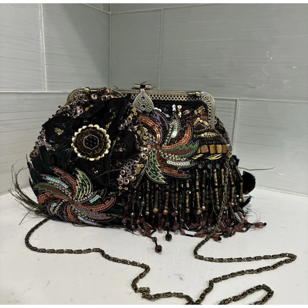 Chico's Vintage Beaded Peacock Feather Clutch Bag Sequin Fringe Y2KGlam BohoChic